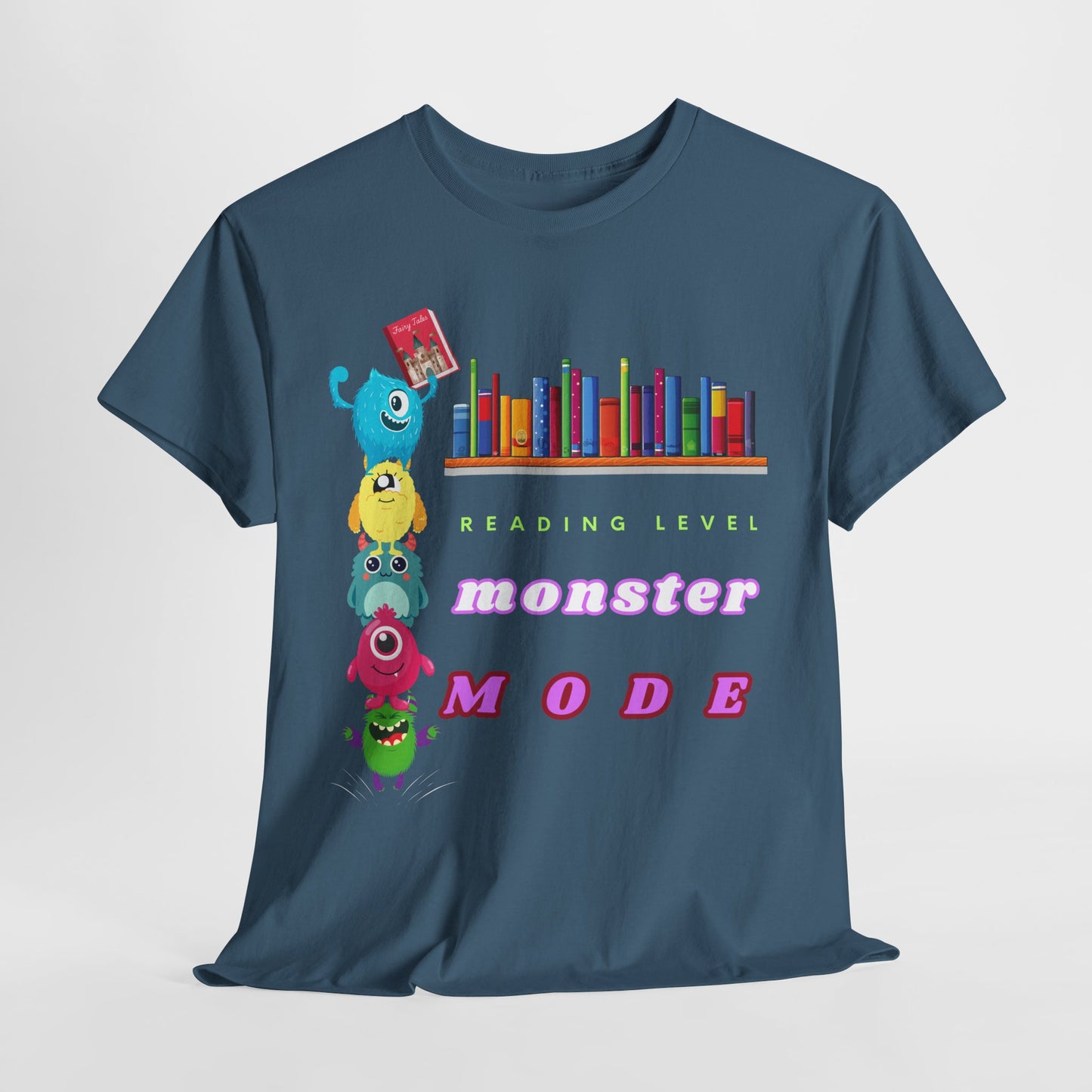Teen/Adult Unisex “Reading Level: Monster Mode” Tee – Funny Stacked Monster Shirt for Relentless Readers