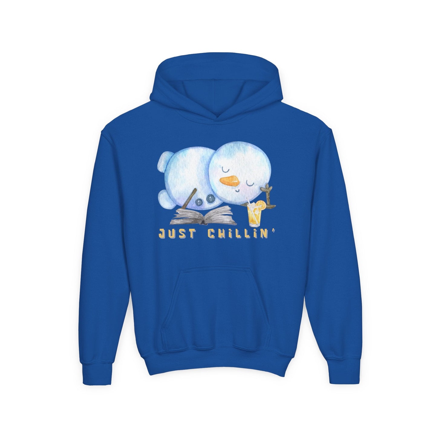 Youth Just Chillin’ Hoodie – Cozy Snowman Reading Design Printify