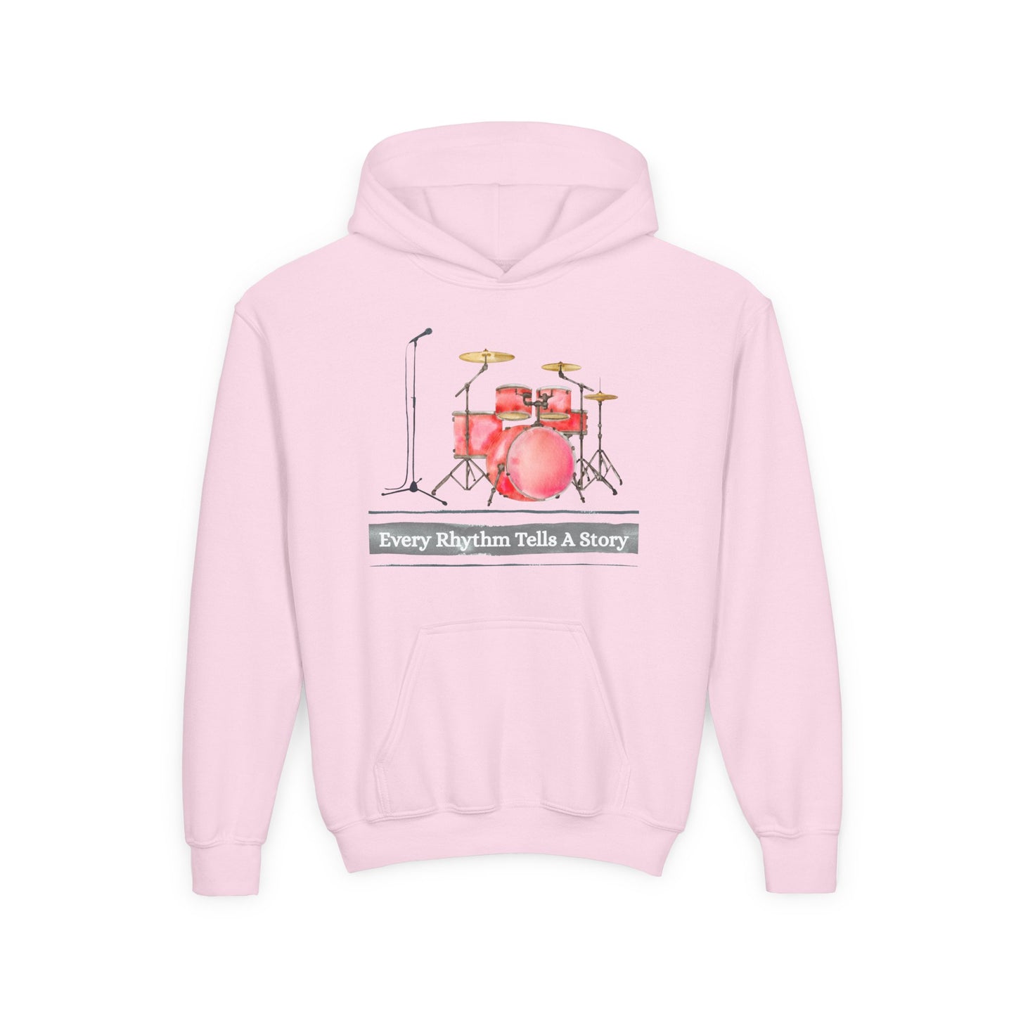 Pink hoodie with microphone and drum set graphic, with text 'Every Rhythm Tells A Story'