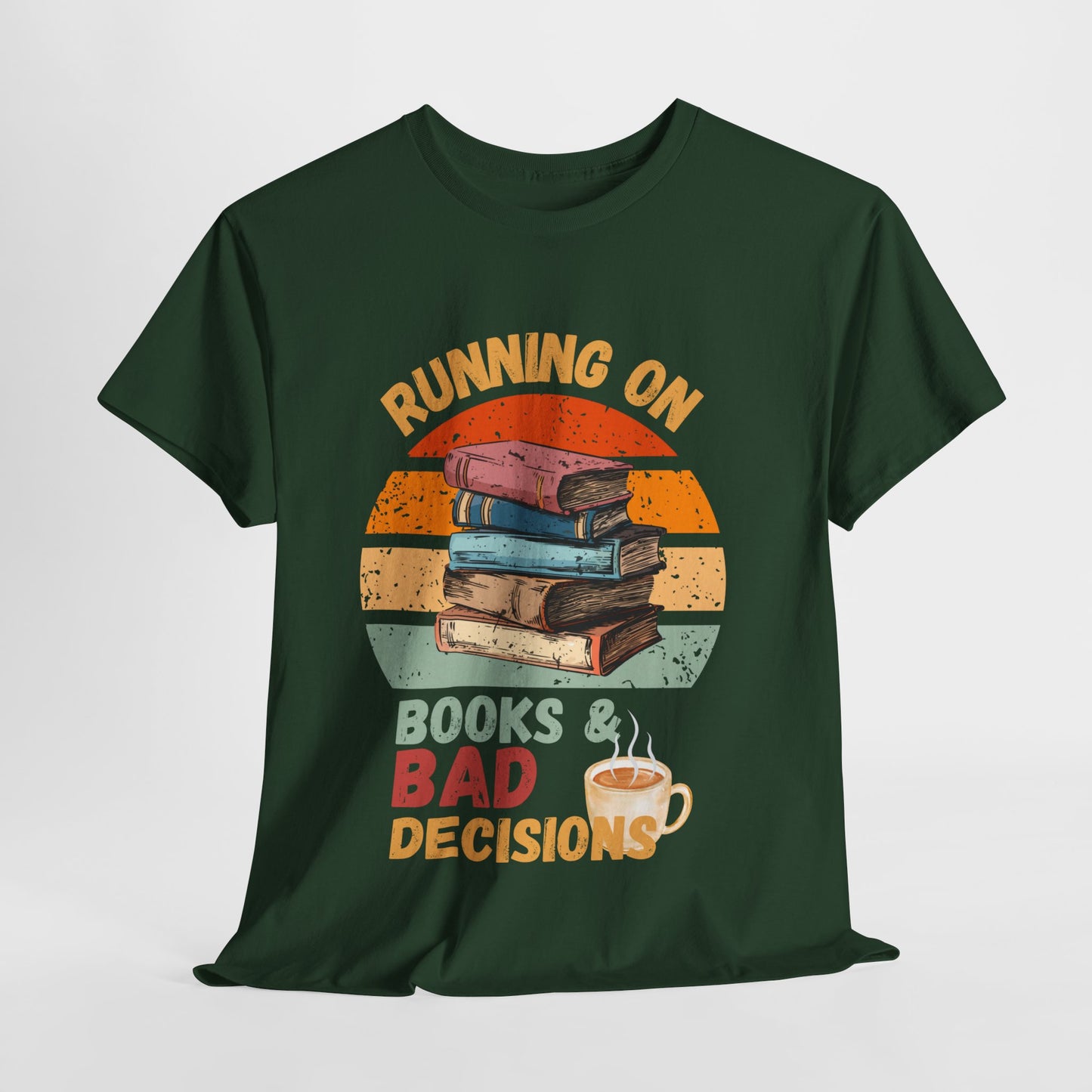 Teen/Adult Unisex Running on Books & Bad Decisions Tee – Funny Retro Reader Shirt for Book Addicts