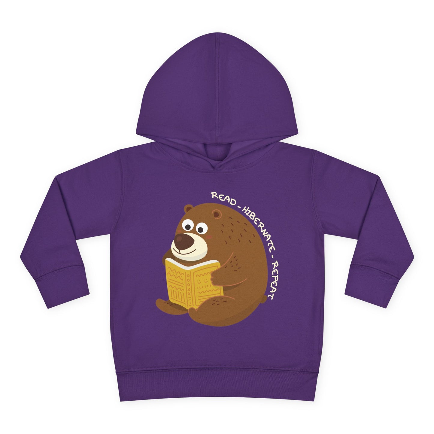 Purple toddler hoodie with a bear reading a book graphic and text 'Read, Hibernate, Repeat'