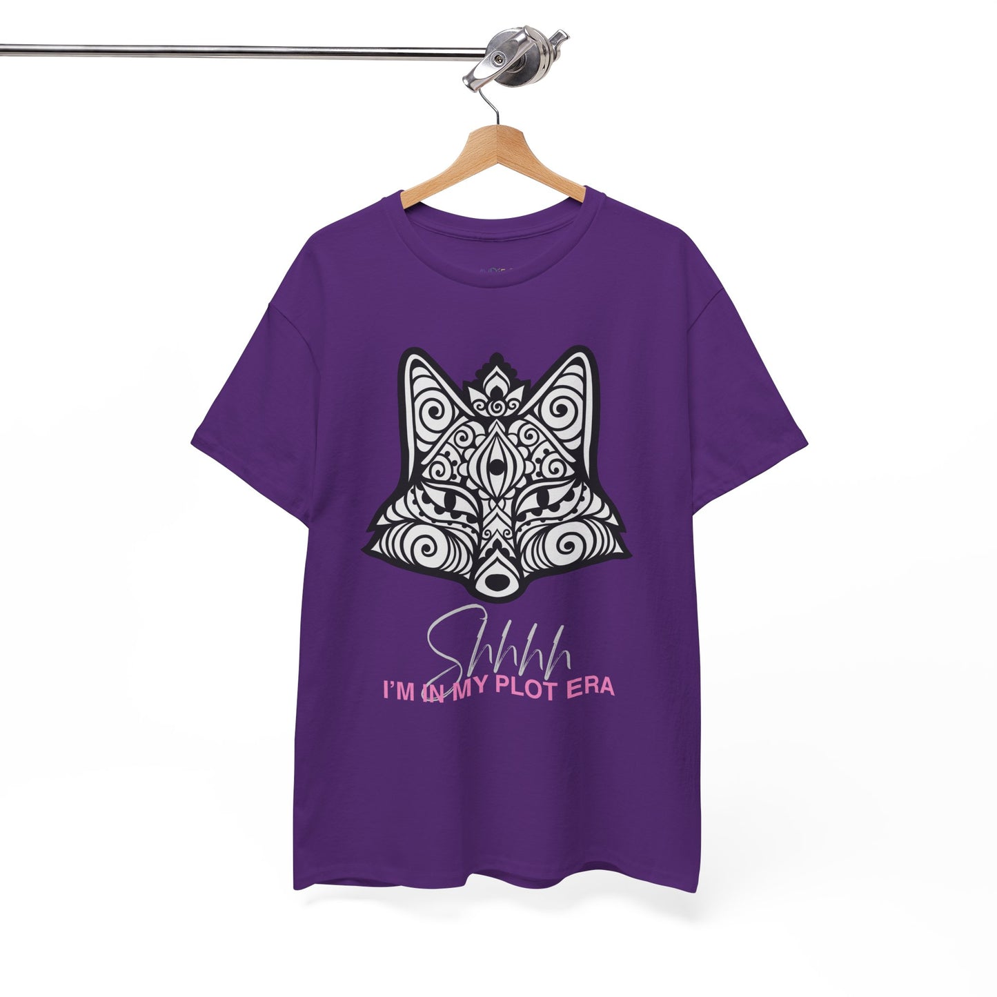 Purplet-shirt with white geographic fox design and text 'Shhhh, I'm In My Plot Era'