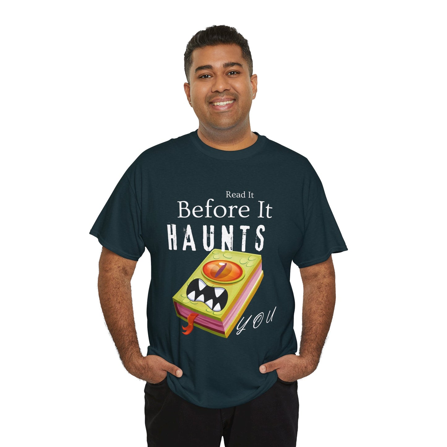 Teen/Adult Unisex Read It Before It Haunts You T-Shirt – Monster Book Horror Tee