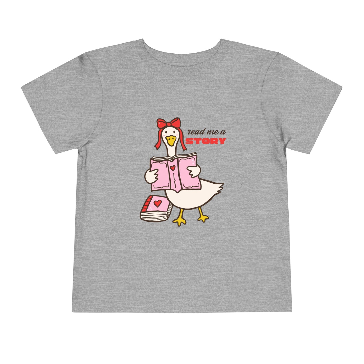 Gray toddler t-shirt with a cartoon duck with books and 'read me a story'