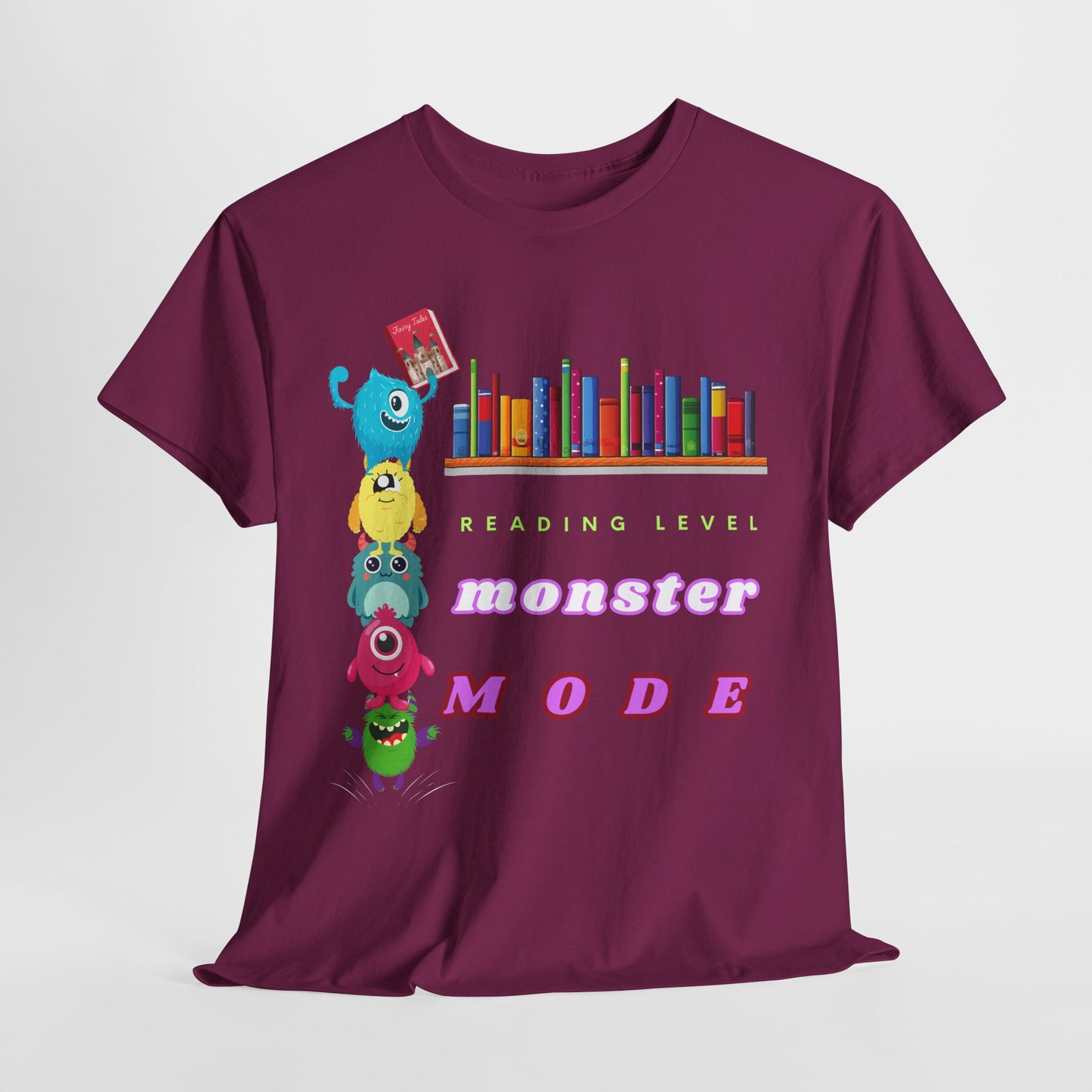 Teen/Adult Unisex “Reading Level: Monster Mode” Tee – Funny Stacked Monster Shirt for Relentless Readers