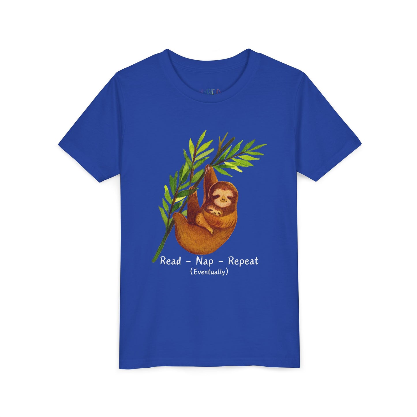 Youth Read – Nap – Repeat (Eventually) Tee – Sloth Book Shirt for Easygoing Young Readers