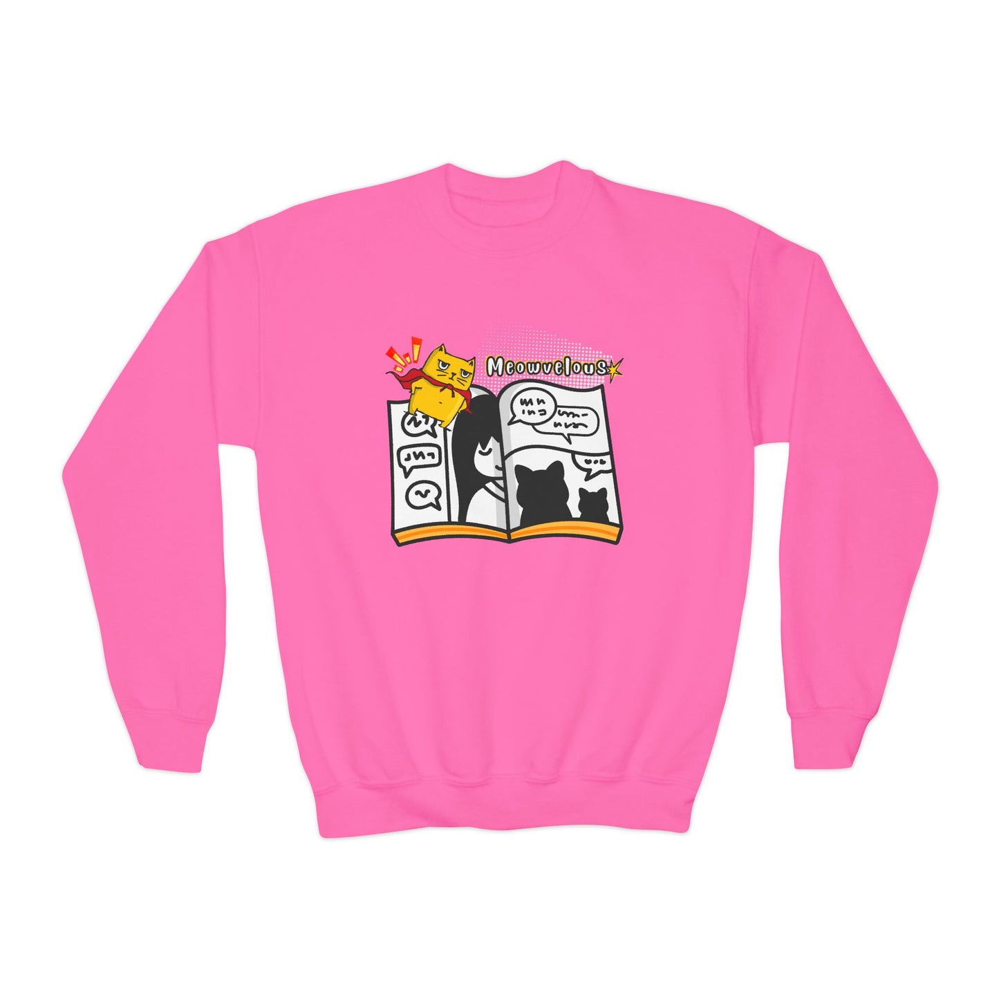 Pink sweatshirt with a super hero cat, comic book and text 'Meowvelous'