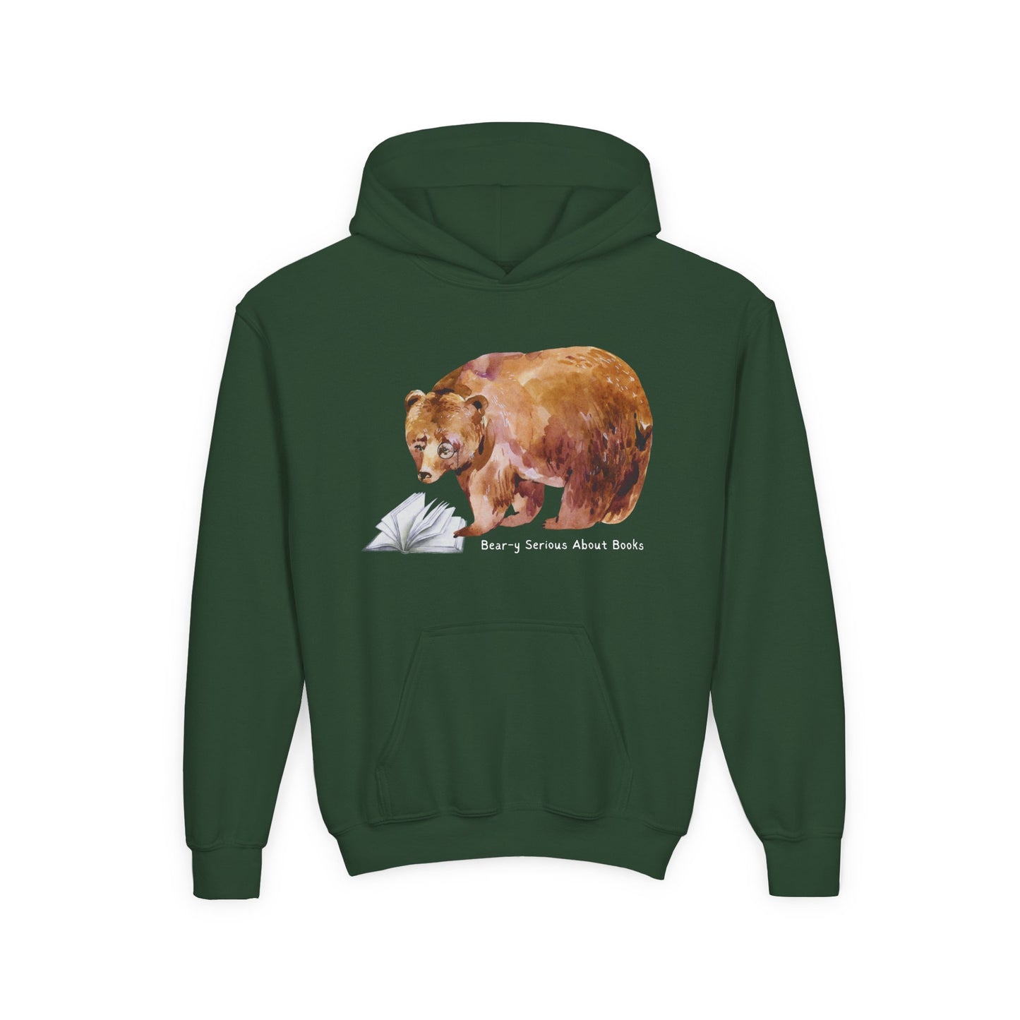 Dark green hoodie with a monacle wearing bear with a book graphic and text 'Beary Serious About Books'