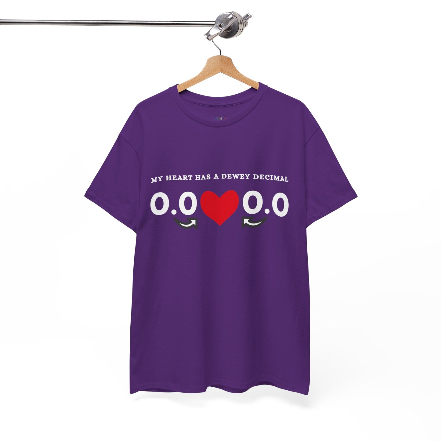 Purple t-shirt with a red heart, zeroes and decimals, text 'My Heart Has A Dewey Decimal'
