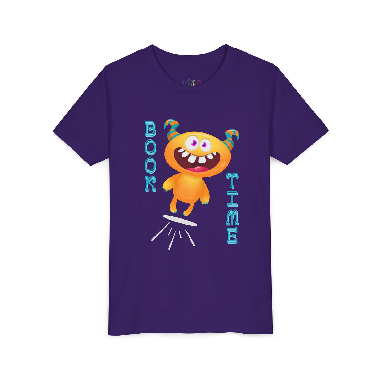 Purple t-shirt with a jumping monster and text 'Book Time'