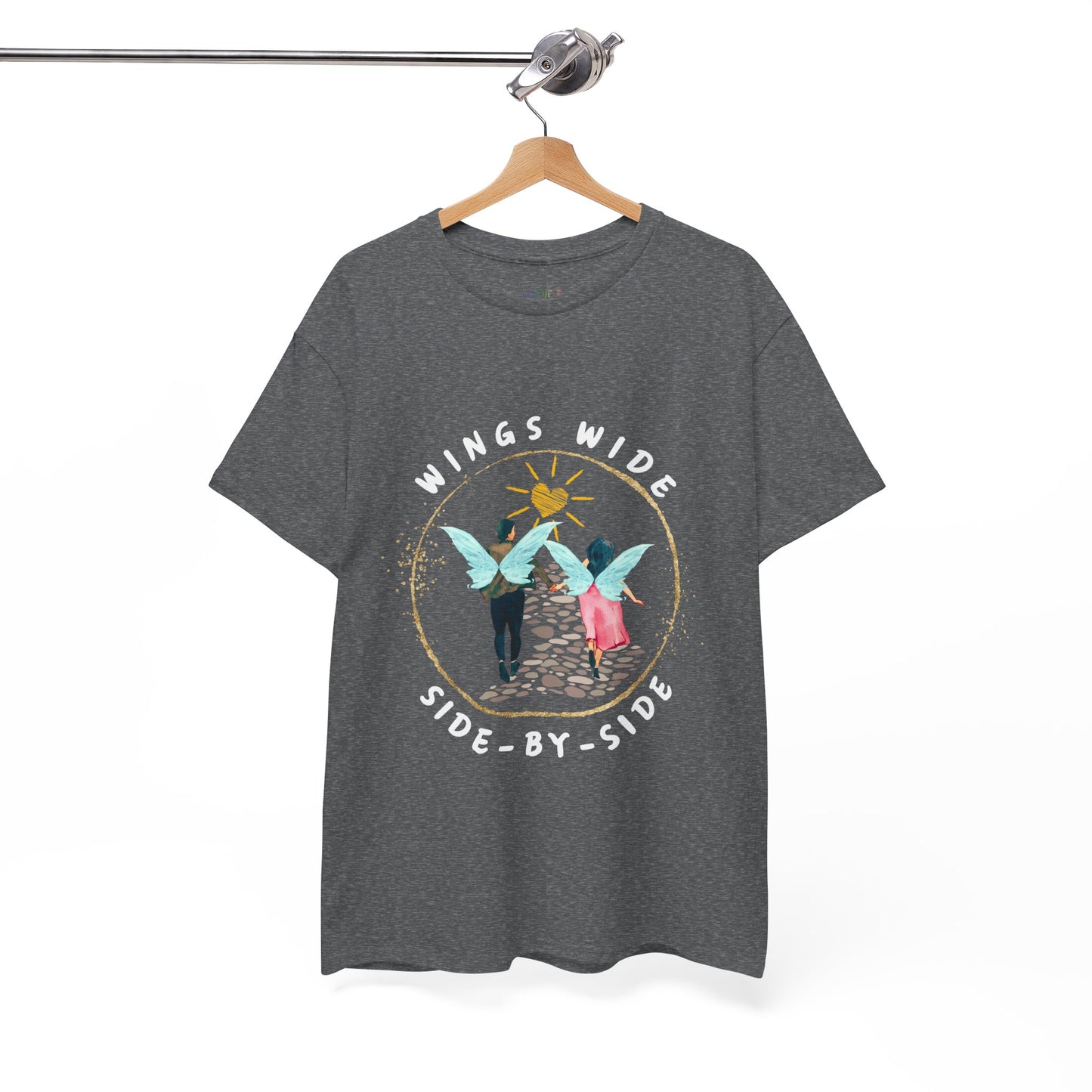 Gray t-shirt with a fairy couple running off into the sunset down a cobblestone path and text 'Wings Wide Side-By-Side'