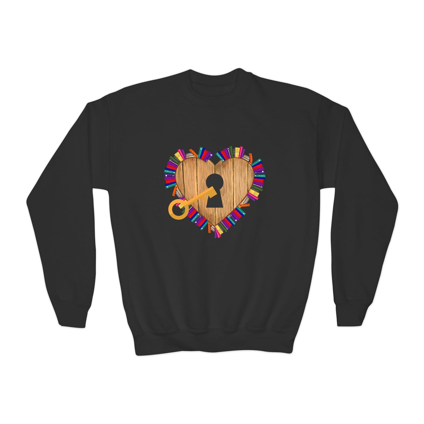 Black sweatshirt with a wooden heart lock and key surrounded by tiny books