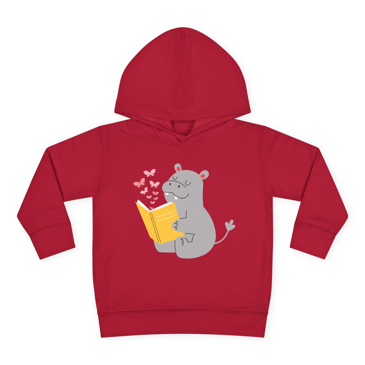 Red hoodie with a hippo reading a book and butterflies floating from the pages