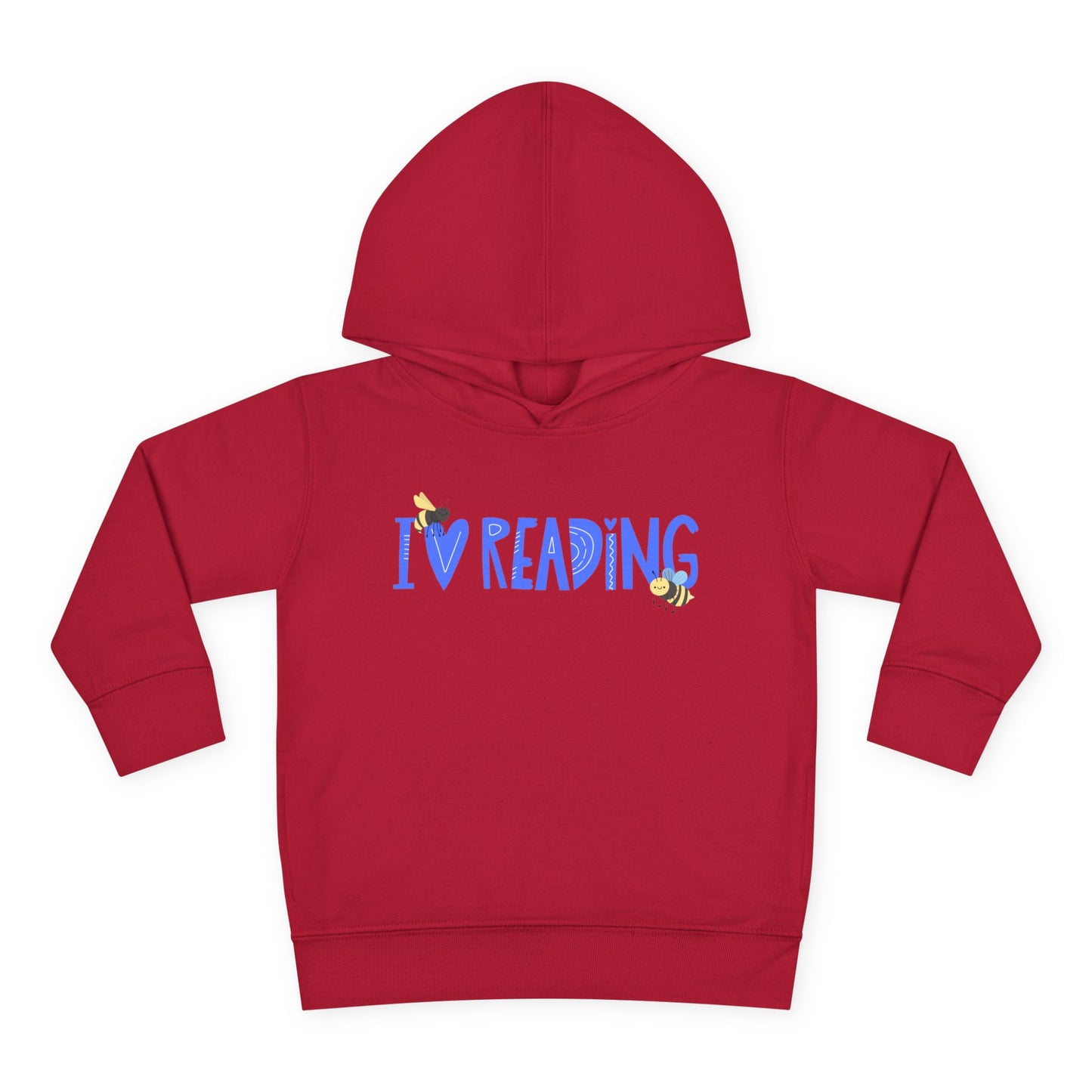 Red toddler hoodie with blue 'I Love Reading' text and two bumblebees
