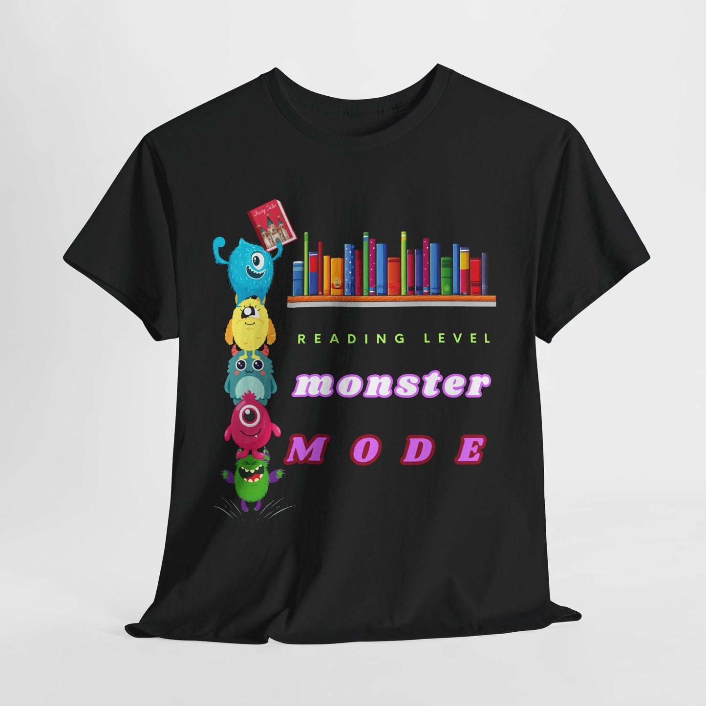 Teen/Adult Unisex “Reading Level: Monster Mode” Tee – Funny Stacked Monster Shirt for Relentless Readers