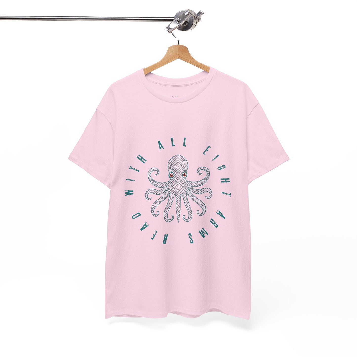 Pink t-shirt with a red eyed octopus and text 'Read With All Eight Arms'