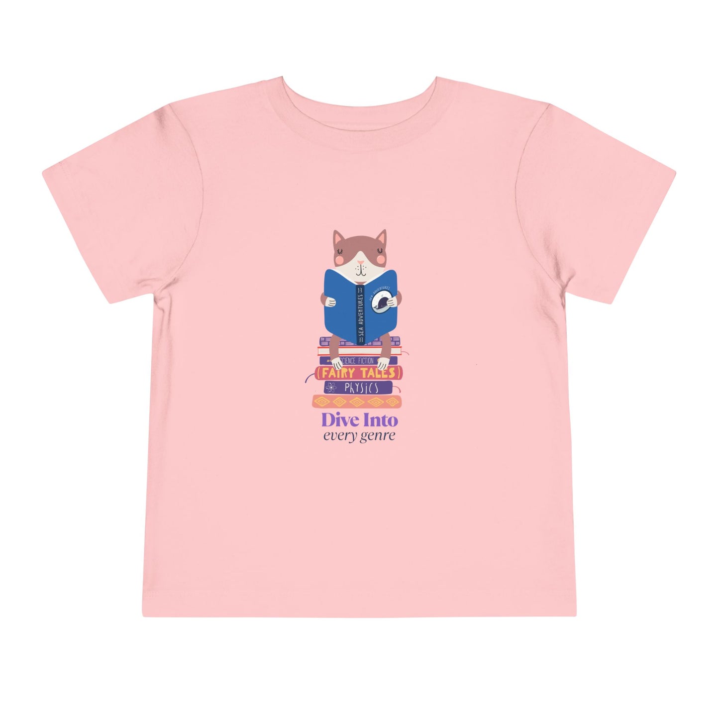 Pink toddler t-shirt with a cat reading a book while sitting on a stack of books and text 'Dive Into Every Genre'