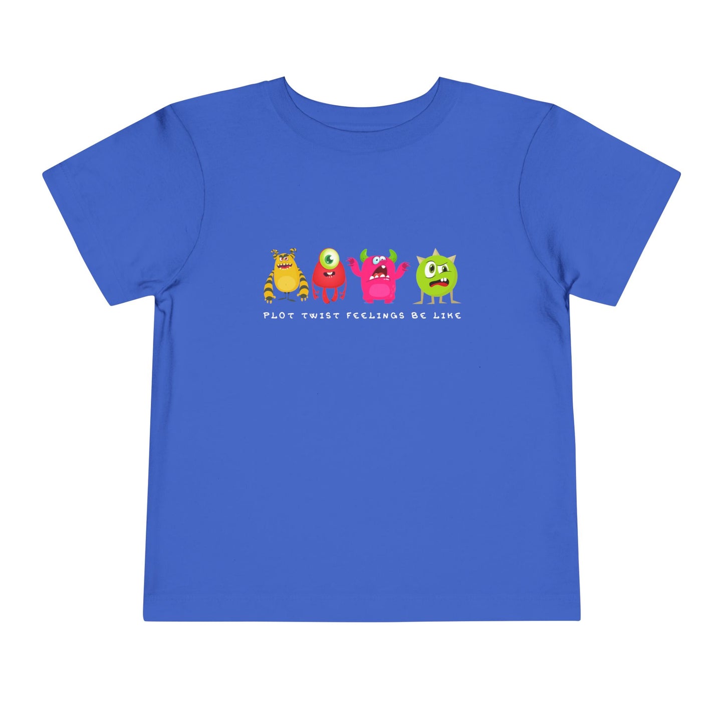 Blue toddler t-shirt with colorful cartoon monsters in a row with grumpy, confused and bewildered faces, text 'plot twist feelings be like'