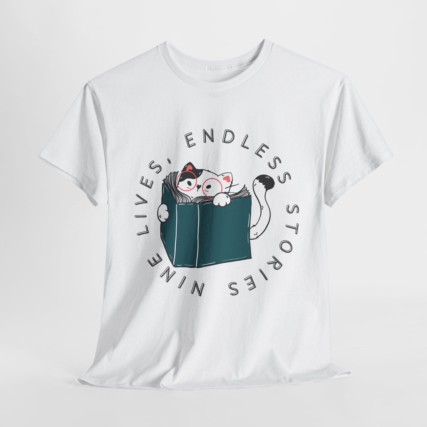 Teen/Adult Unisex "Nine Lives, Endless Stories" Cat & Book Graphic T-Shirt – Fun Reader Gift Tee