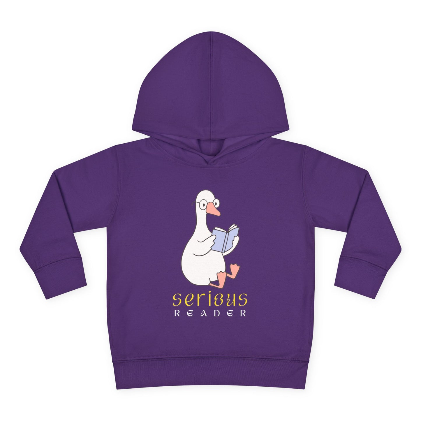 Purple toddler hoodie with a cartoon goose reading a book and 'Serious Reader' text