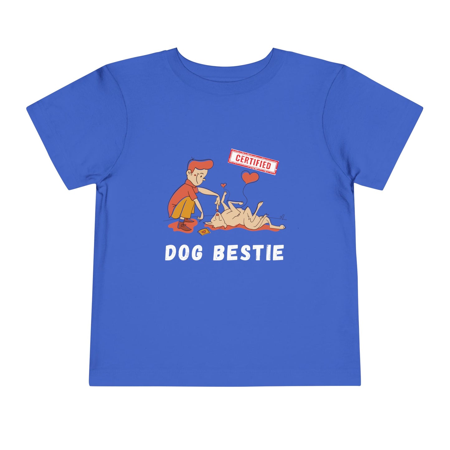 Blue toddler t-shirt with cartoon graphic and a boy and his dog with 'Dog Bestie' text