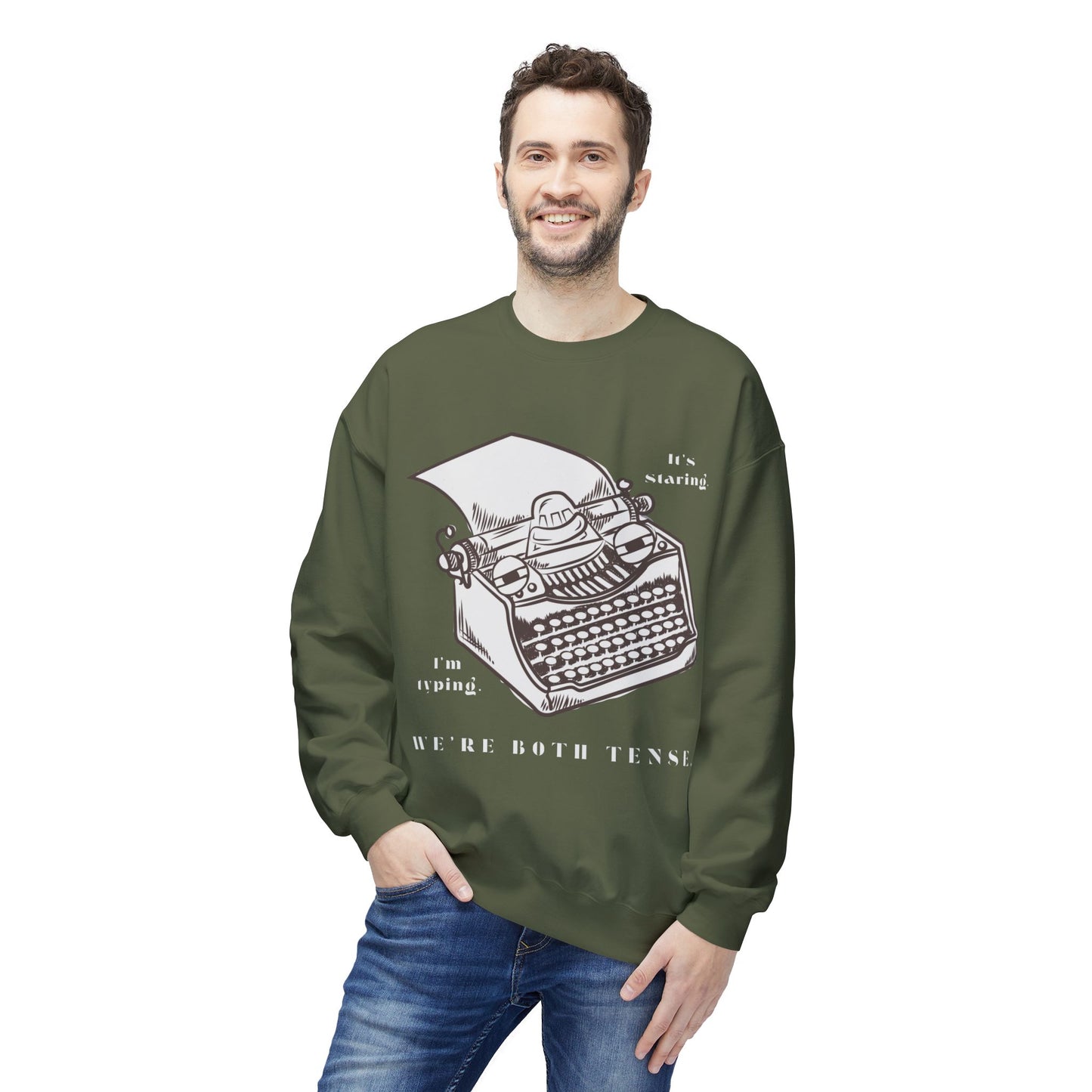 Teen/Adult Unisex We’re Both Tense Sweatshirt, Funny Typewriter & Writer’s Block Design