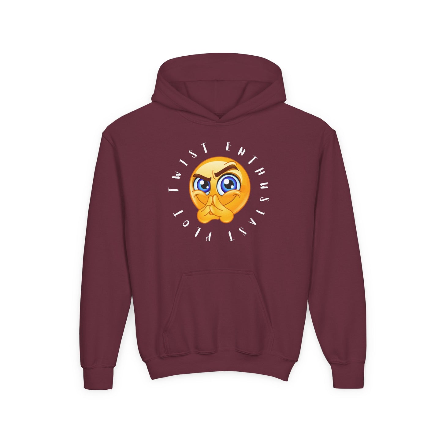 Maroon hoodie with an emoji graphic design and text 'Plot Twist Enthusiast'