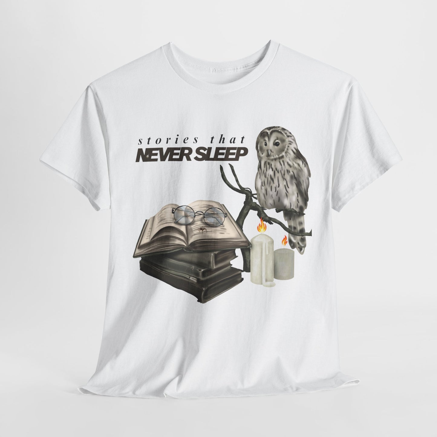 Teen/Adult Unisex "Stories That Never Sleep" Owl & Candlelight Book T-Shirt – Cozy Night Reader Tee
