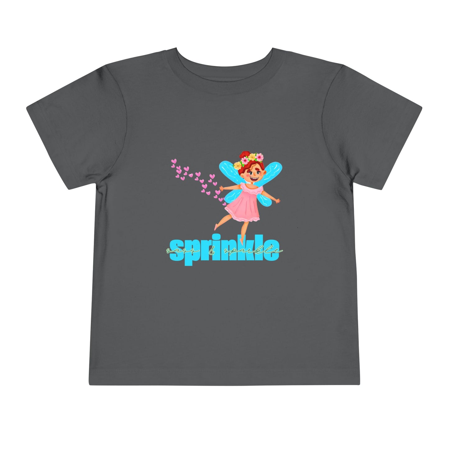 Gray toddler t-shirt with a fairy graphic, hearts and 'sprinkle sass & sparkle' text