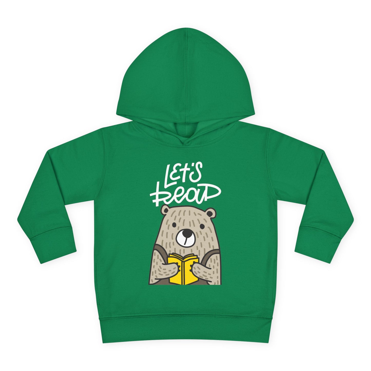 green toddler hoodie with bear graphic reading a book and 'Let's Read' text