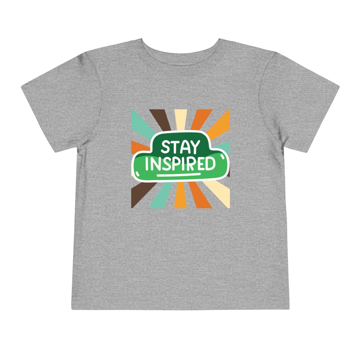 Gray t-shirt with 'Stay Inspired' graphic design with fun retro stripes