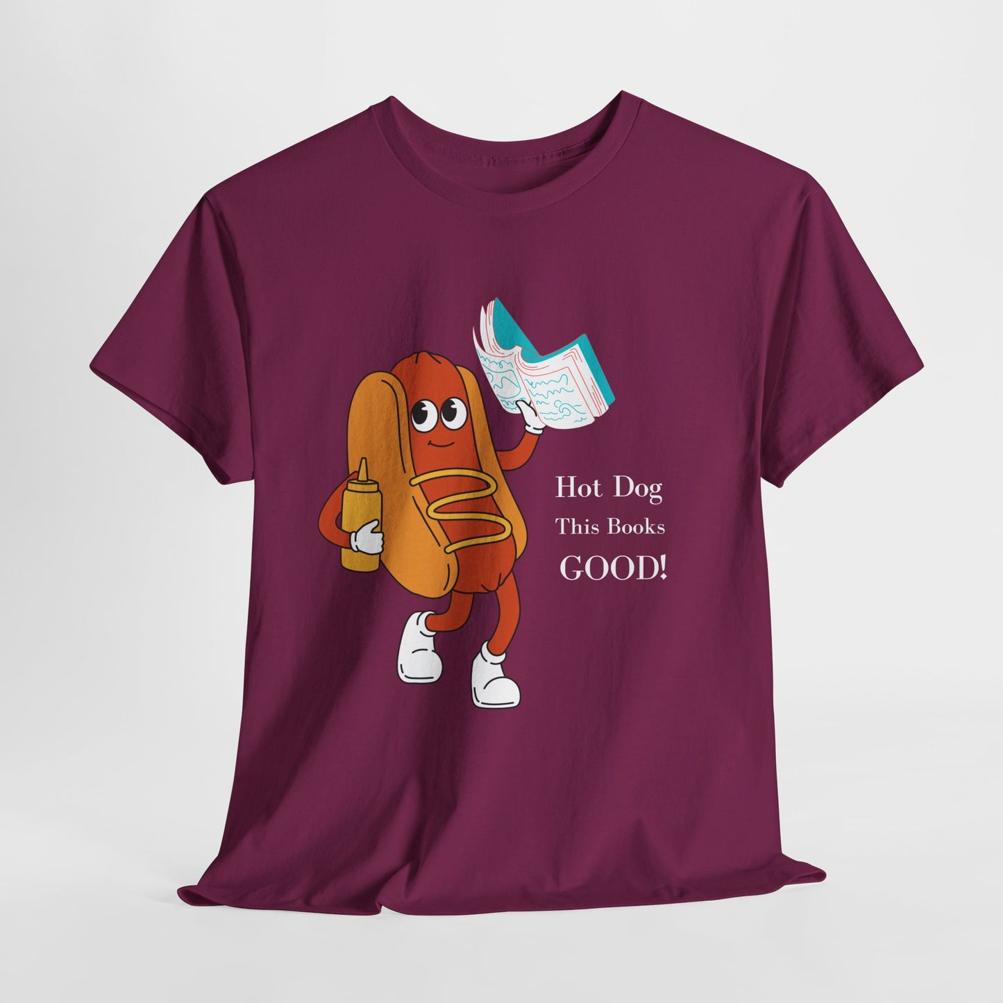 Teen/Adult Unisex Hot Dog, This Book’s GOOD! Tee – Punny Apparel for Hungry Readers