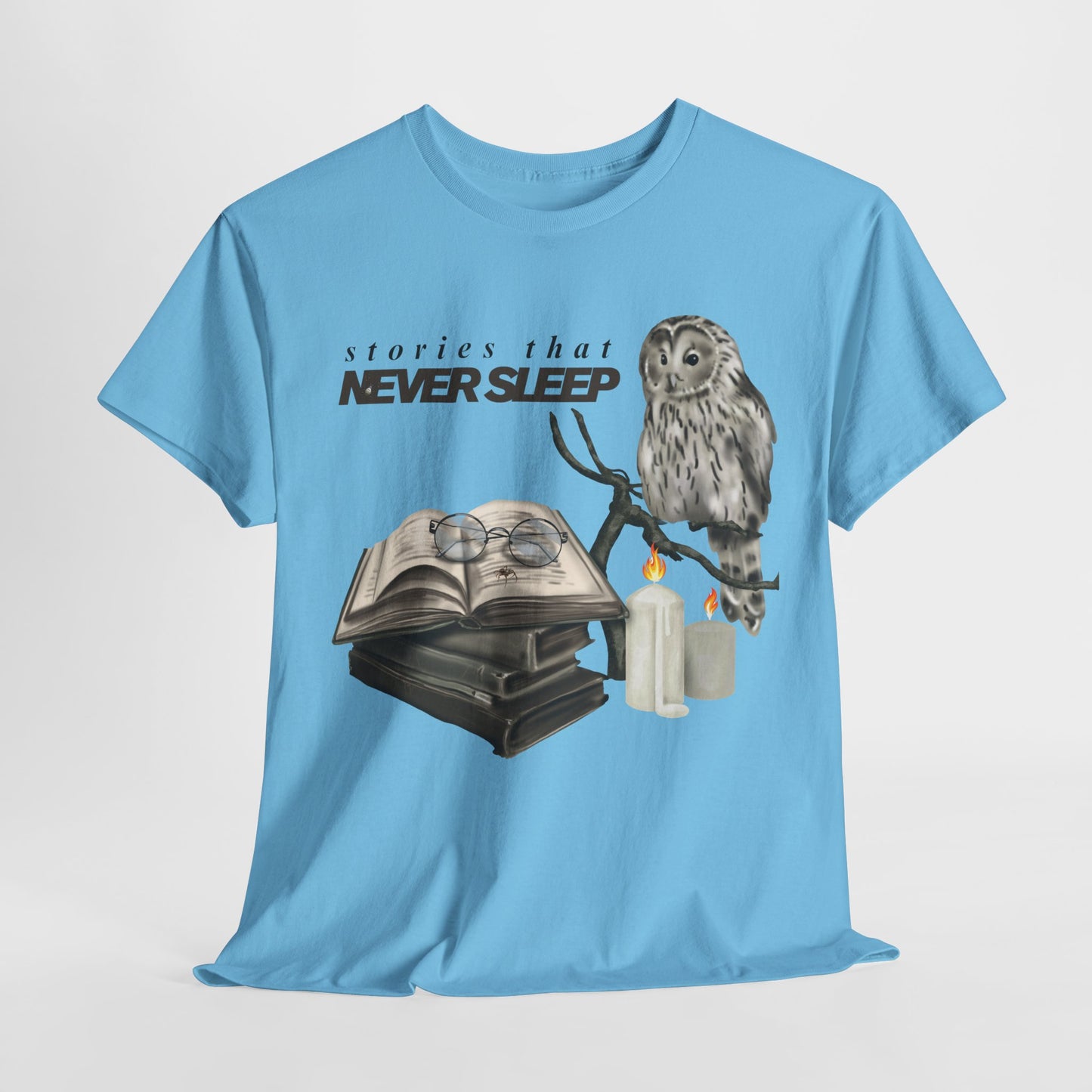 Teen/Adult Unisex "Stories That Never Sleep" Owl & Candlelight Book T-Shirt – Cozy Night Reader Tee
