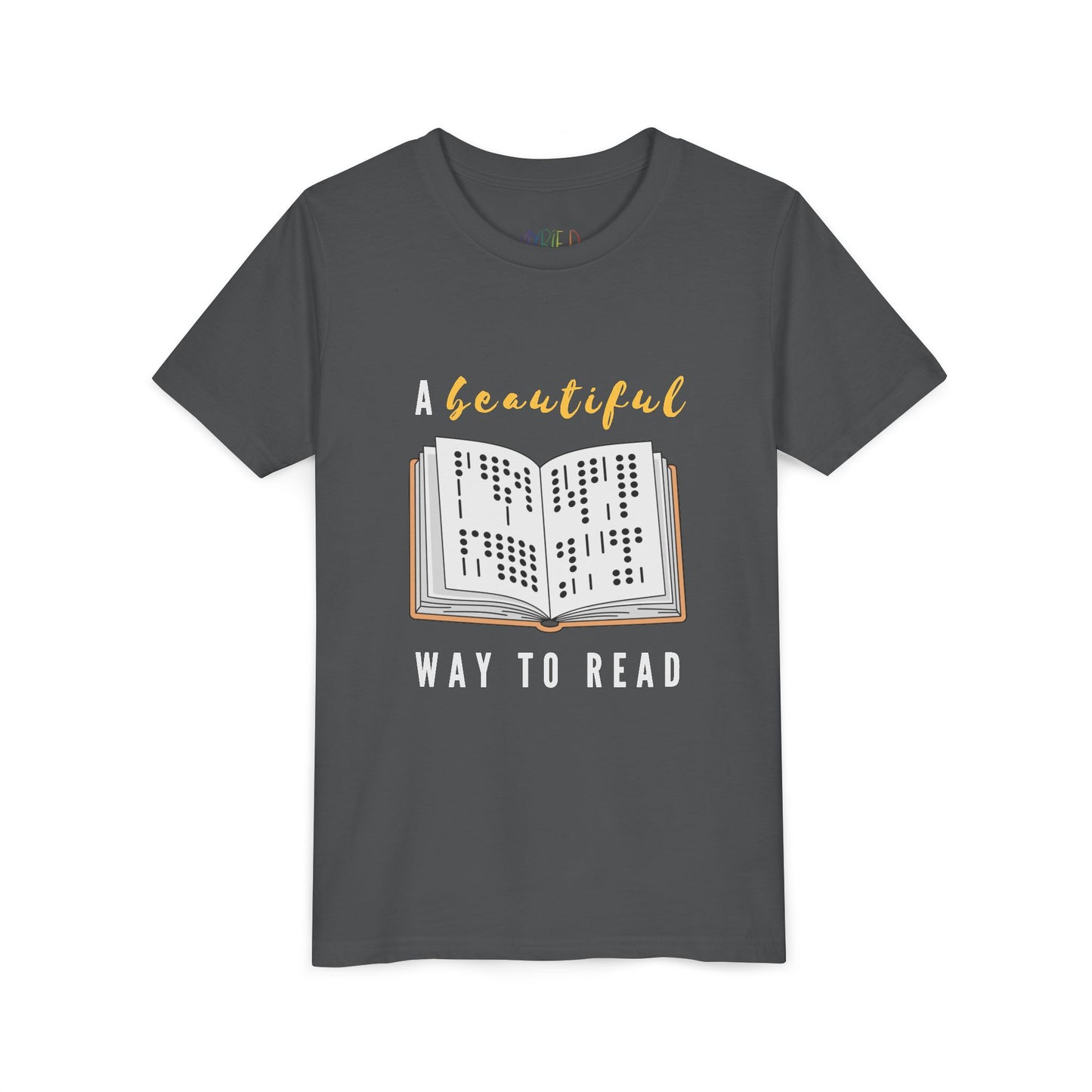 Gray t-shirt with an open braille book graphic and text 'A Beautiful Way To Read'
