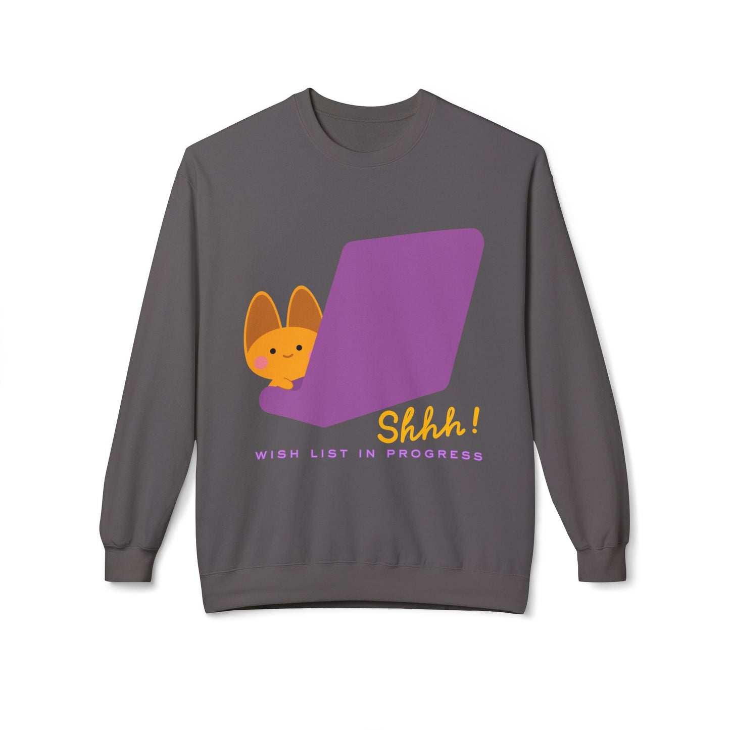Teen/Adult Unisex Shhh Wish List in Progress Sweatshirt – Cute Holiday Laptop Cat Design Printify