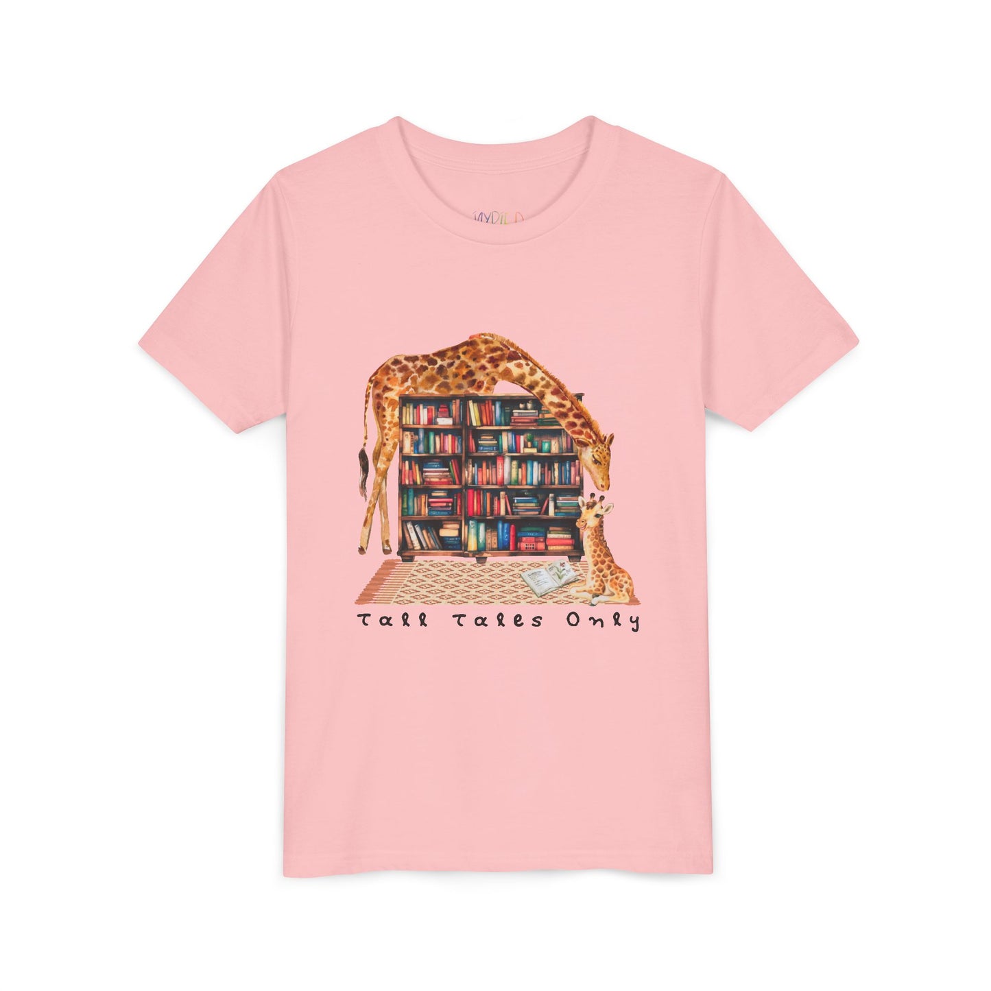 Pink t-shirt with a graphic of giraffes in a library and 'Talk Tales Only' text