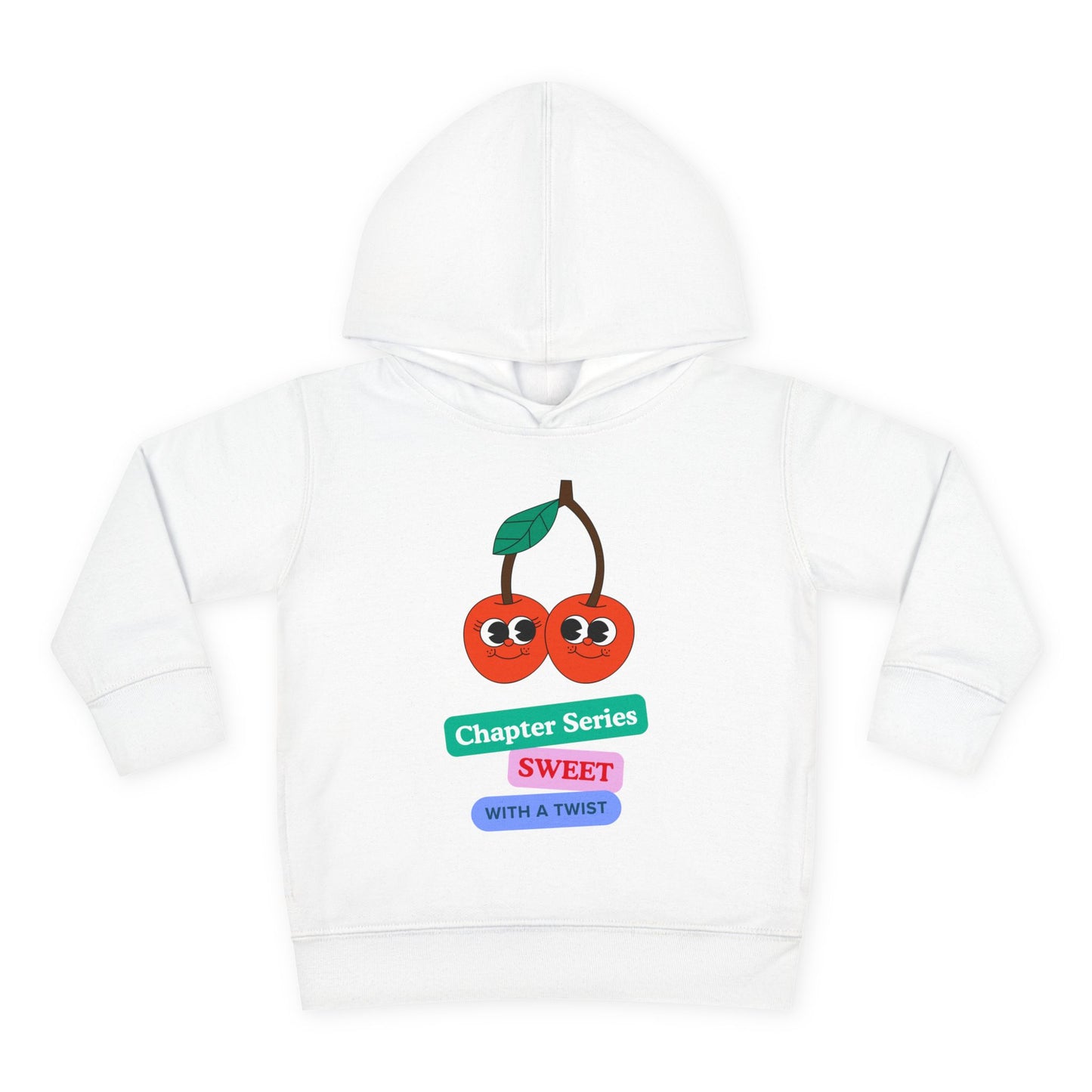 White hoodie with cartoon cherries and text on a white background