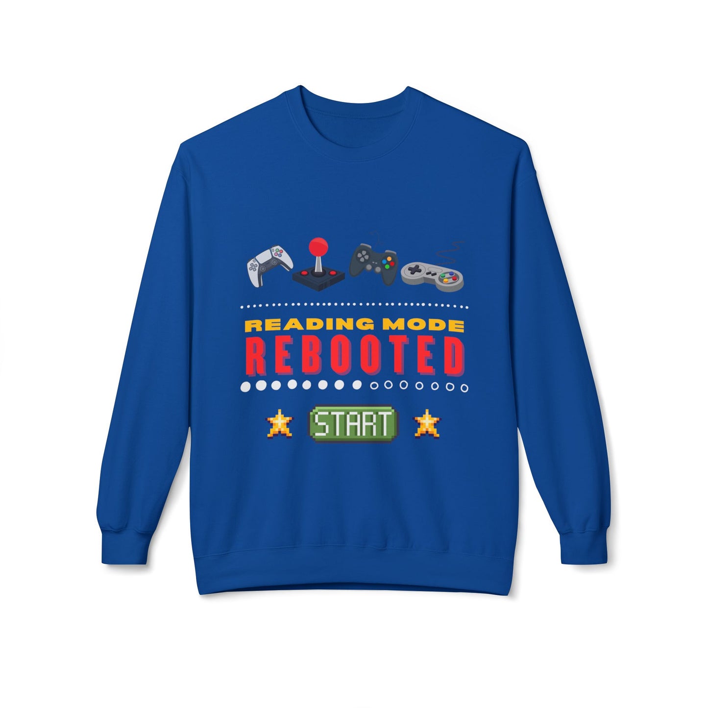 Blue sweatshirt with gaming-themed design and text 'Reading Mode Rebooted'