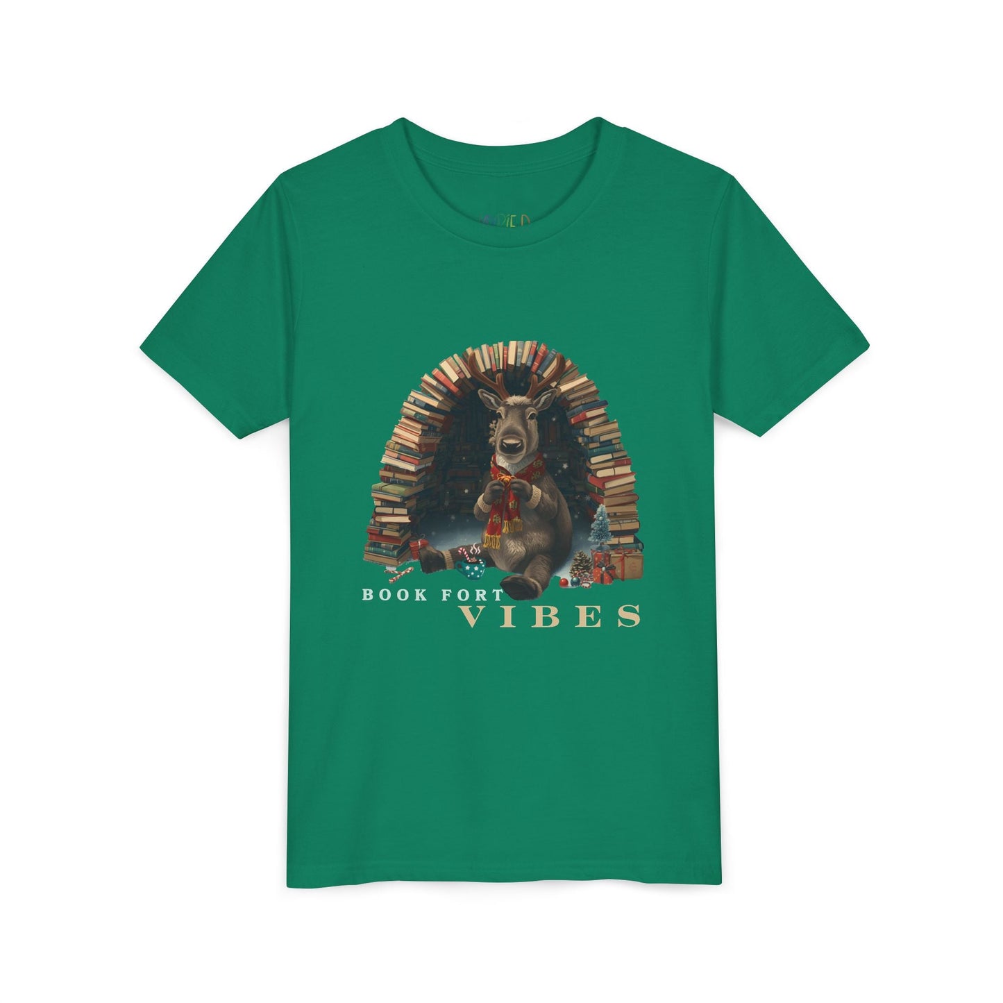 Youth Book Fort Vibes T-Shirt – Reindeer Reading Design Printify