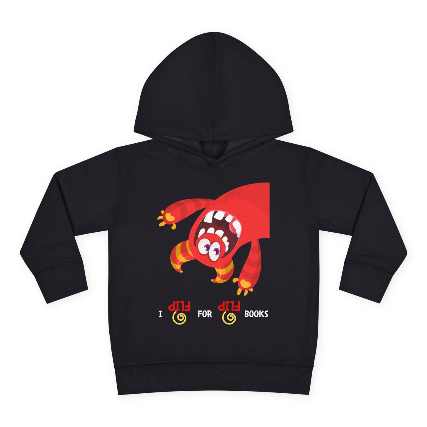 Black hoodie with an upside down monster and playful text 'I FLIP for FLIP books'