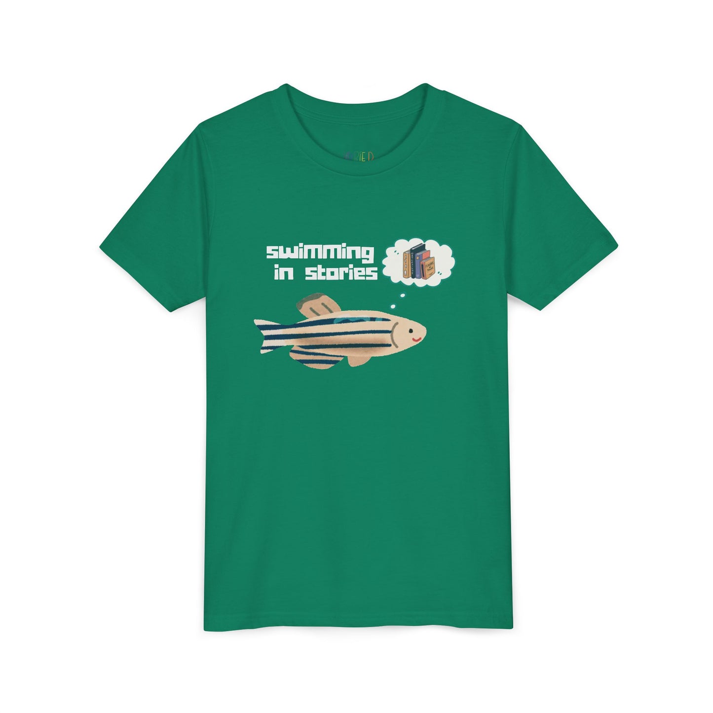 Youth Swimming in Stories Tee – Fun Reading Shirt for Curious Kids. A dreamy design for book-loving adventurers