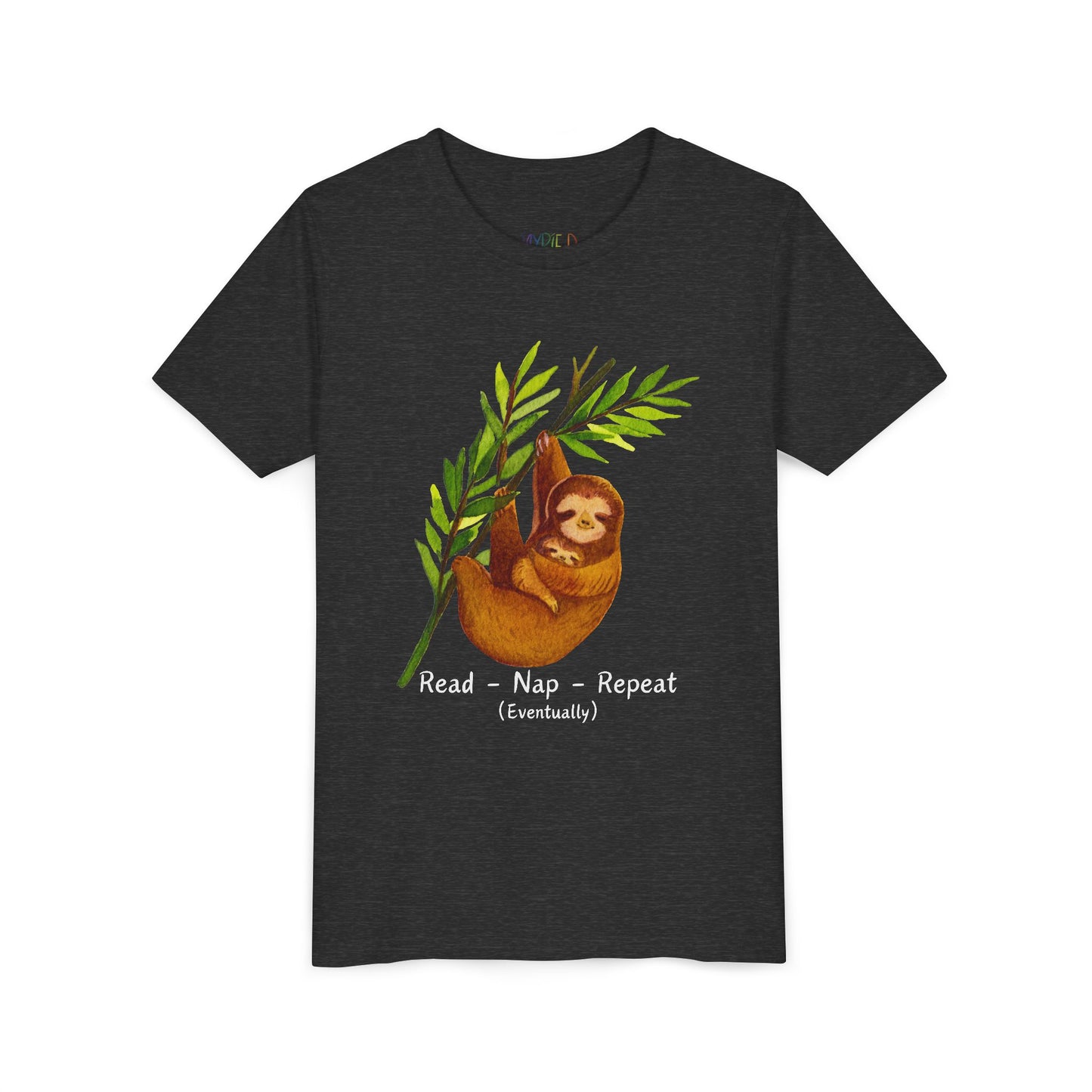 Youth Read – Nap – Repeat (Eventually) Tee – Sloth Book Shirt for Easygoing Young Readers