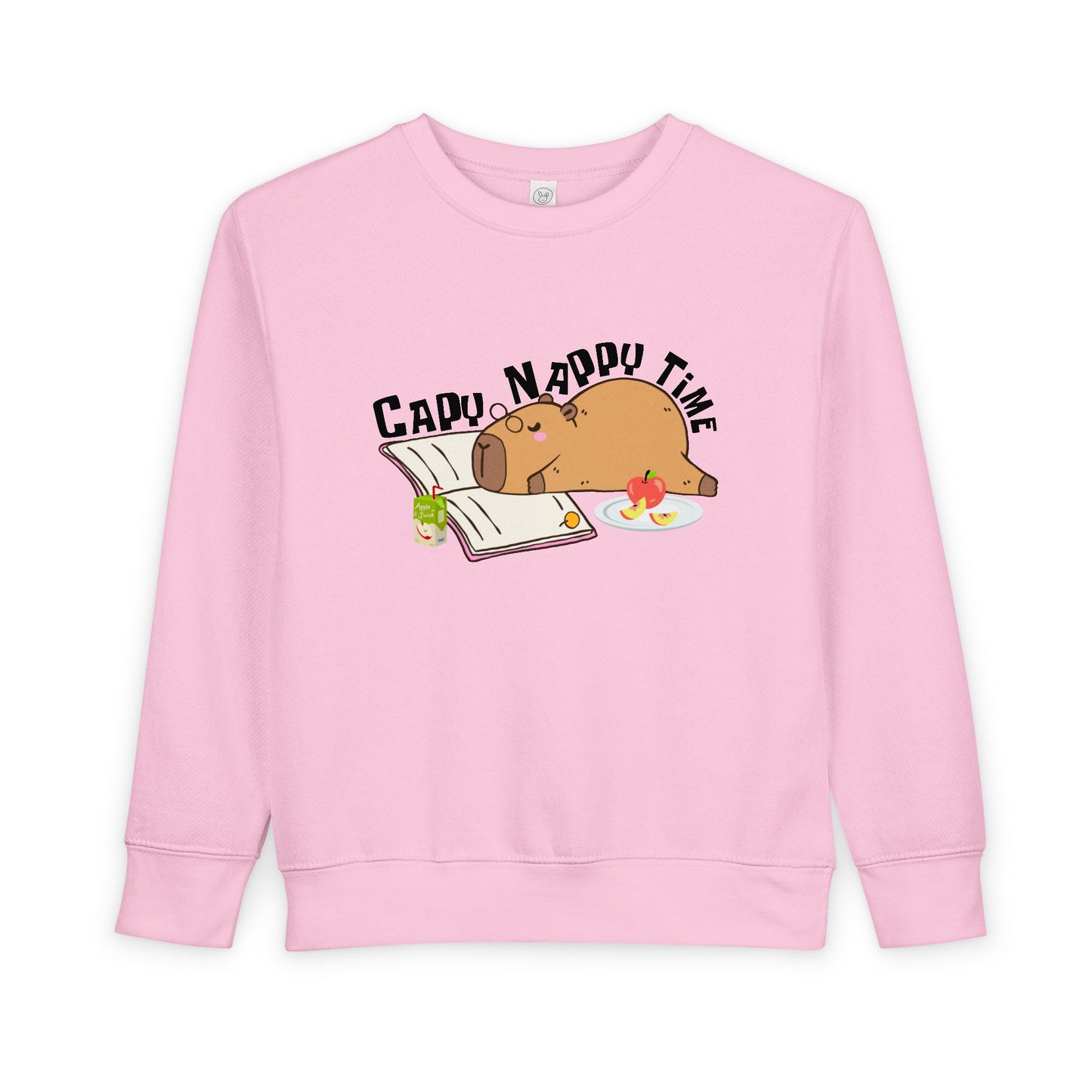Pink toddler sweatshirt with a napping capybara, snacks, an open book and text 'Capo Nappy Time'