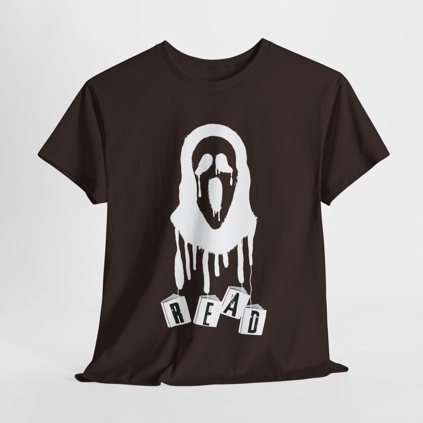 Teen/Adult Unisex Horror Mask READ T-Shirt – Creepy Book Lover Graphic Tee