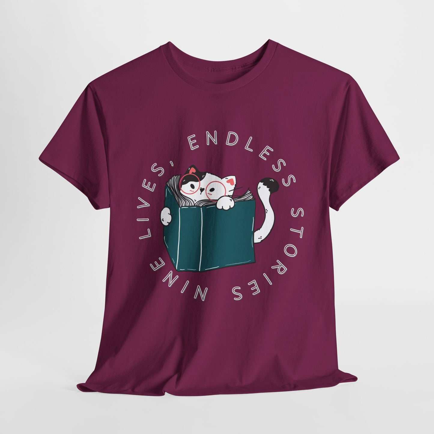 Teen/Adult Unisex "Nine Lives, Endless Stories" Cat & Book Graphic T-Shirt – Fun Reader Gift Tee