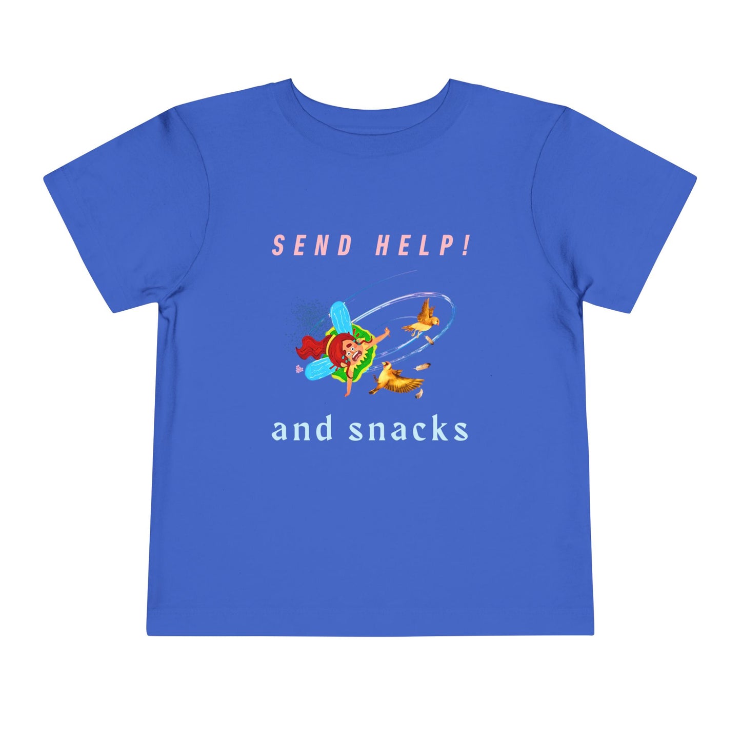 Blue toddler t-shirt with a cartoon fairy colliding into birds mid-air and text 'Send Help! and snacks'