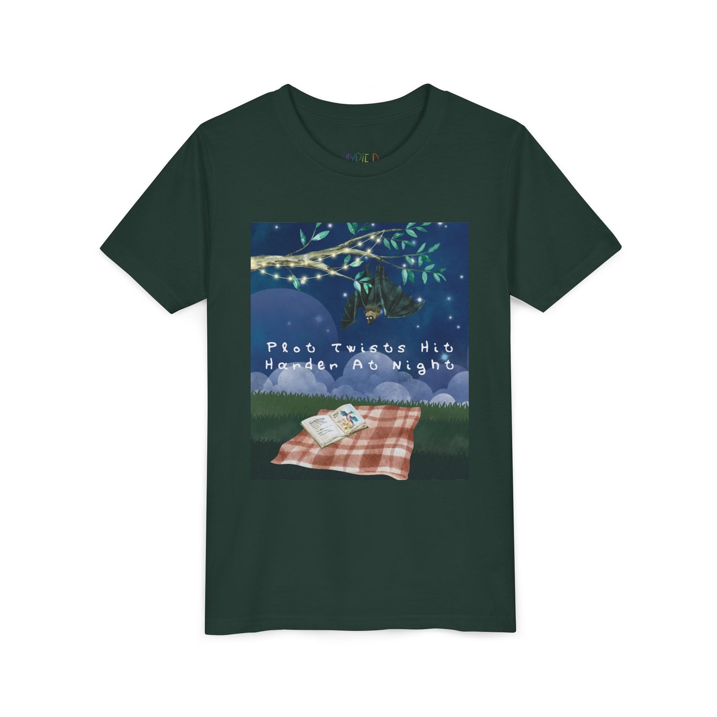Youth Plot Twists Hit Harder at Night Tee β Spooky Bat Shirt for Bedtime Readers