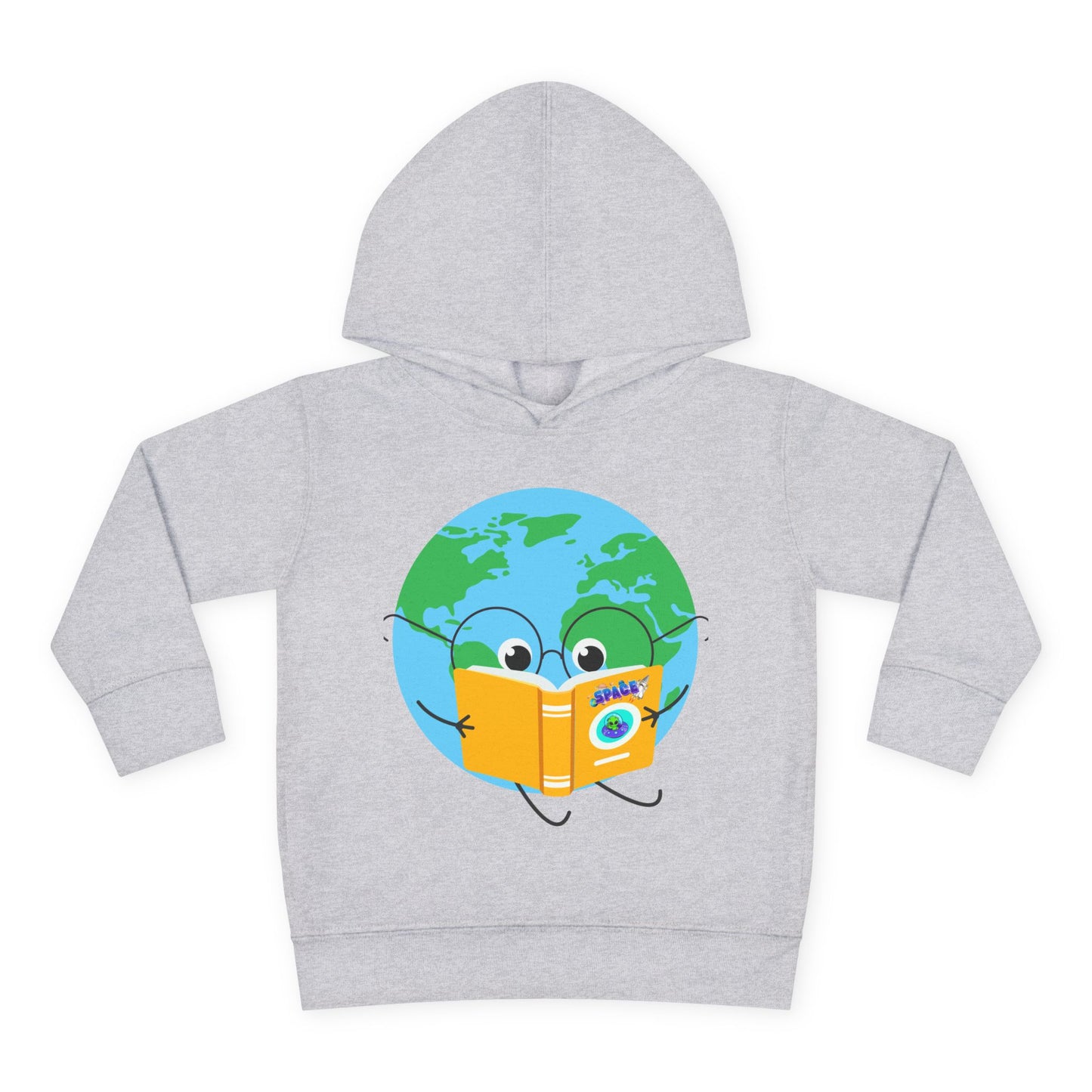Hoodie with a cartoon Earth wearing glasses and reading a yellow book with the word “space” on the cover – design on a blue toddler hoodie.