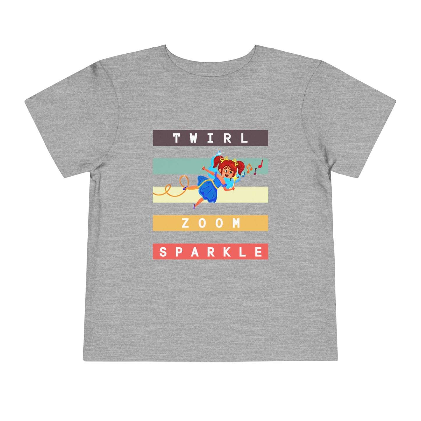 Gray toddler t-shirt with a flying fairy and text in colorful stripes 'twirl, zoom sparkle'