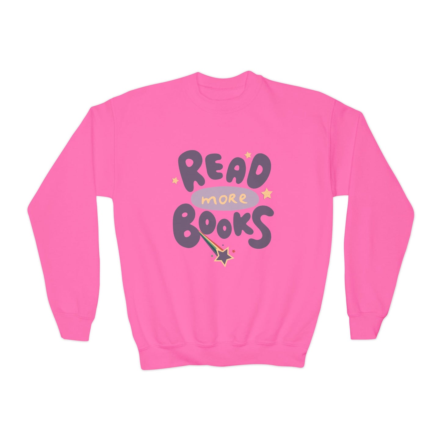 Pink sweatshirt with 'Read More Books' text and a shooting star